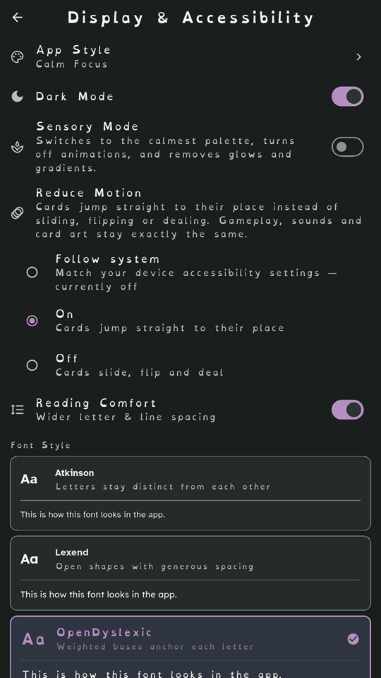 The Display and Accessibility screen in MindyCards, in dark mode: App Style, Dark Mode, Sensory Mode, Reduce Motion, Reading Comfort and a choice of fonts.